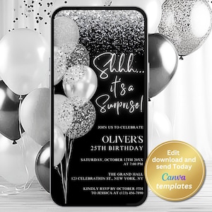 Digital Black Silver Surprise Birthday Invitation, Electronic Phone Text Message Evite, Any Age, Editable Template, Instant Download