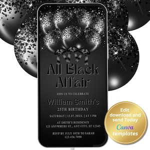Editable All Black Affair Invitation, All Black Party Invitation, Black Glitter Balloons, Formal Attire Invite, Printable, Text Invite