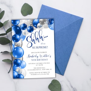 ¡Shhh! Es una invitación para una fiesta sorpresa. Plantilla editable azul rey y plateada de 5x7. Imprimible o con mensaje de texto digital. Descarga instantánea.