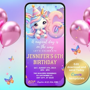 Magical Unicorn 6th Birthday Invitation - Girls Rainbow Party Digital Invite - Rainbow Unicorn Phone Invitation - Girl's 6th Birthday Invite