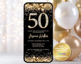 50th Birthday Invitation Gold Black, Elegant 50th Party Invite, Editable Canva Template, Diamond Birthday Invitation