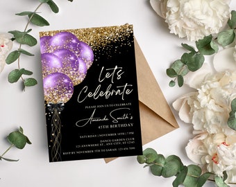 Editable Black Purple Gold Glitter Birthday Party Invitation, Printable 5x7 Invitation, Evite, Editable Template, Instant Download