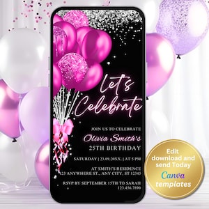 Digital Black Hot Pink Birthday Party Invitation, Hot Pink Glitter Balloons, Phone Text Message Evite, Editable Template, Instant Download