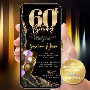 Digital 60th Birthday Invitation Template for Women, Black Gold and Purple 60th Birthday Evite, Text Message Invitation, Phone invitation