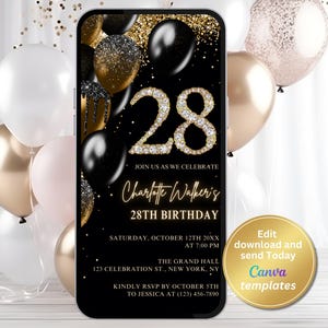 Digital Black Gold 28th Birthday Invitation - Editable Template with Gold Diamond Numbers - Instant Download - Birthday Invite for Women