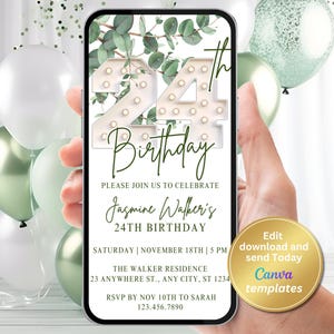 Invitación digital para fiesta de cumpleaños número 24, niña que cumple 24 años, mensaje de texto telefónico, invitación digital, plantilla editable, descarga instantánea