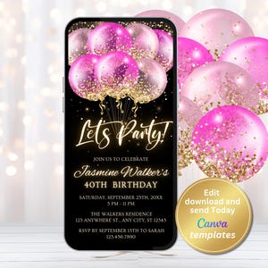Editable Black and Hot Pink Birthday Invitation, Let's Party Pink Balloons Invite, Digital Download