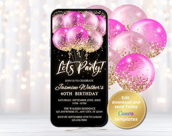 Editable Black and Hot Pink Birthday Invitation, Let's Party Pink Balloons Invite, Digital Download