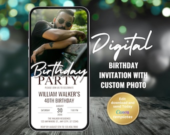 Digital Birthday Party Invitation with Custom Photo, Perfect for Any Age, Digital Birthday Party Invite, Editable Template, Instant Download