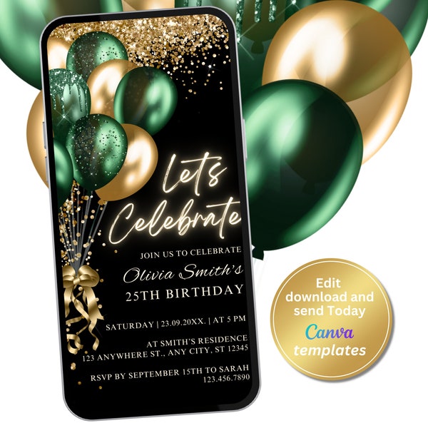 Digital Black Emerald Green Gold Birthday Party Invitation, Phone Text Message Evite, Editable Template, Instant Download