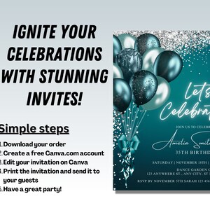 May include: Teal and silver birthday invitation with balloons and the text "Let's Celebrate." The invitation includes the name "Amelia Smith's" and event details. The invitation also says "Ignite Your Celebrations With Stunning Invites!"
