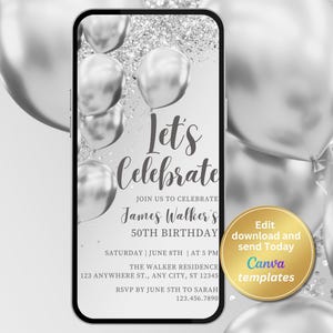 Silver Invite Digital Silver Birthday Party Invitation, Silver Balloons Invite ...