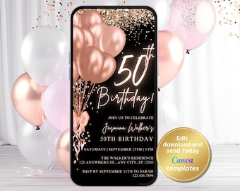 Digital 50th Birthday Party Invitation, Black Rose Gold, Phone Text Message Evite, Editable Template, Instant Download