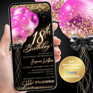 Digital 18th Birthday Party Invitation for Girl, Surprise & Regular, Black Hot Pink Invite, Any Ages, Editable Template, Instant Download