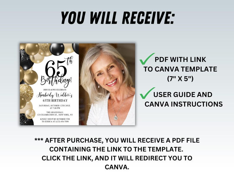 65th Birthday Invitation With Photo, Black Gold Editable Canva Template ...