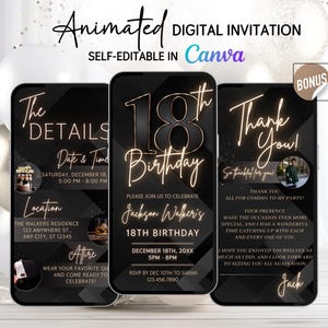 Animated 18th Birthday Invitation for Him + Bonus Thank You Card – Editable Video Evite for Men – Digital 18th Party Invite – 18th Invite
