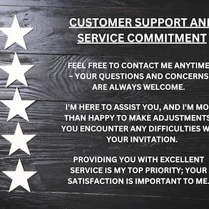 K&ouml;nnte beinhalten: F&uuml;nf wei&szlig;e Sterne auf einem schwarzen Holzgrund mit dem Text "CUSTOMER SUPPORT AND SERVICE COMMITMENT" und einer Nachricht &uuml;ber die Bereitstellung exzellenten Service und Kundensupport.