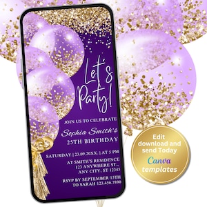 Digitale paarse gouden glitter ballonnen verjaardagsuitnodiging, laten we feesten, bewerkbare sjabloon, elke leeftijd, Evite, Instant Download, telefoon Evite