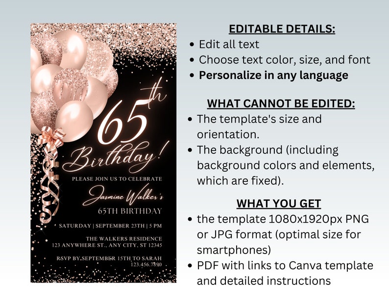 65th Birthday Dinner Invitation Template, Rose Gold Invite, Elegant ...