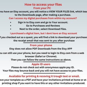 May include: A text-based guide on how to access digital files purchased on Etsy.com. The guide explains how to access files from a computer, phone, and Apple ID. It also mentions that Etsy does not allow PDF downloads from the Etsy app.