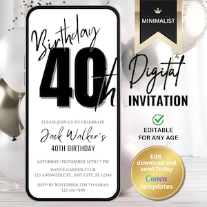 Convite minimalista para 40º aniversário - Modelo digital editável para homens e mulheres - Convite de aniversário para qualquer idade - Download instantâneo