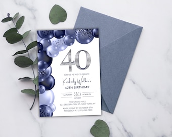 Elegant 40th Birthday Invitation, Navy Blue Balloons (Digital Download, 5x7 Printable or Text Message)