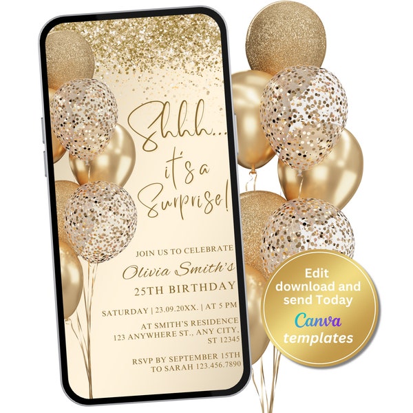 Editable Gold Surprise Birthday Invitation, Electronic Phone Text Message Evite, Any Age, Editable Template, Instant Download