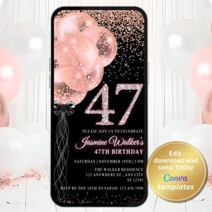 Digital 47th Birthday Party Invitation for Women, Rose Gold Invite, Phone Text Message, Digital Invite, Editable Template, Instant Download