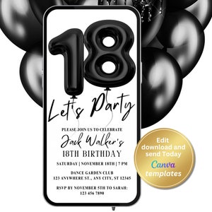 Modern Minimalist Black and White 18th Birthday Party Invite - Editable Template - Instant Download for Teen Boys and Girls