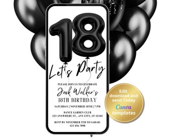 Modern Minimalist Black and White 18th Birthday Party Invite - Editable Template - Instant Download for Teen Boys and Girls