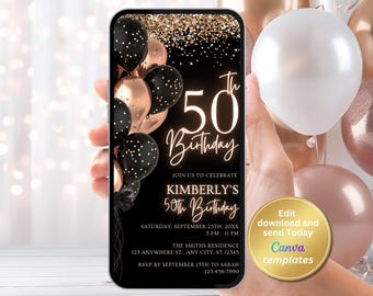50th Birthday Invitation, Black and Rose Gold Balloons Invite, Canva Template (Digital Download)