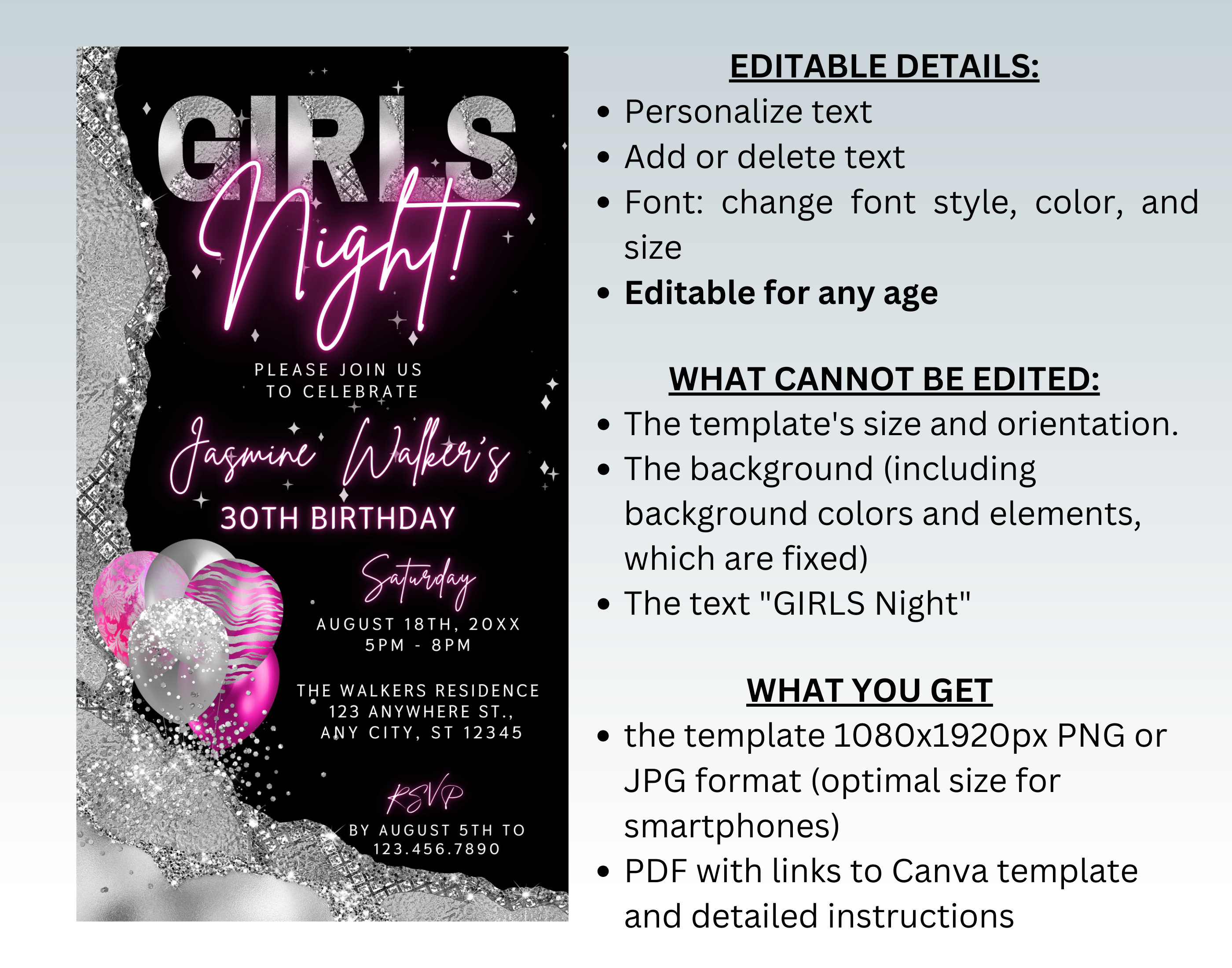 Girls Night Out Invitation, Neon Pink Silver Birthday Mobile Evite ...