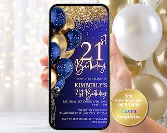 Einladung zum 21. Geburtstag für Frauen, königsblau-goldene digitale Einladung, bearbeitbare Canva-Vorlage, sofortiger Download