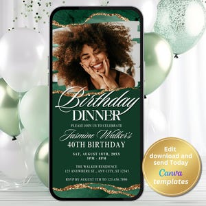Digital Emerald Green Agate Birthday Dinner Invitation with Custom Photo, Perfect for Any Age, Editable Template, Instant Download
