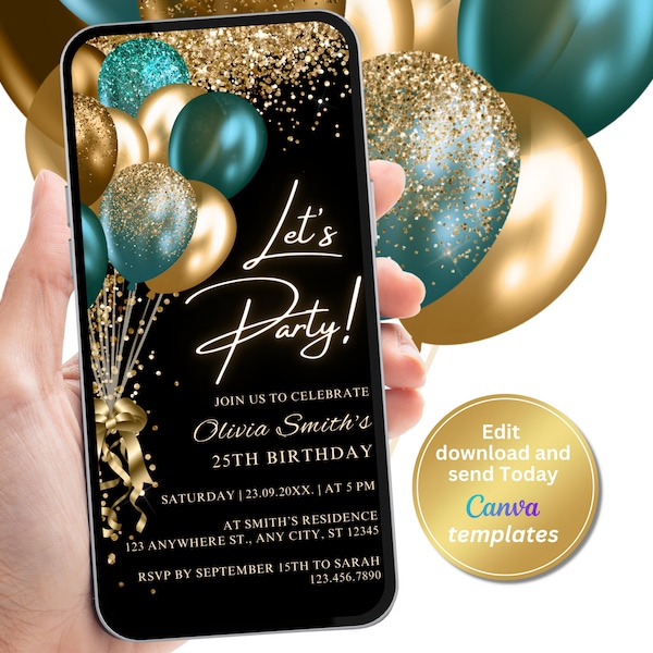 Digital Black Teal Gold Birthday Party Invitation, Phone Text Message Evite, Editable Template, Instant Download