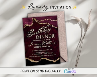 Invitación para cena de cumpleaños en color oro burdeos, invitación imprimible de lujo en ágata de 5x7 para mujeres, invitación editable para fiestas de hitos en Canva: 30, 40 y 50 años.