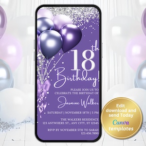 Text Message Evite for 18th Birthday Celebration - Purple Violet Balloons & Silver Glitter Design - Editable Digital Evite, Instant Download
