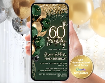 Elegant 60th Birthday Invitation | Digital Emerald Green & Gold Evite | Editable Template for Any Age | Instant Phone Download