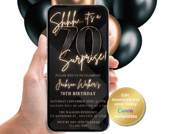Digital Surprise 70th Birthday Invitation for Him - Phone Invite for Men - Modern Style - Digital Invite for Men - Digital Download