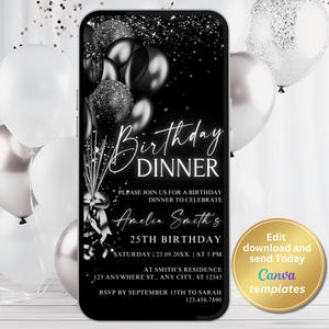 Faire-part de dîner d'anniversaire numérique noir, ballons noirs, message texte pour téléphone Evite, modèle modifiable, téléchargement immédiat