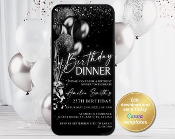 Digital Black Birthday Dinner Invitation | All Black Affair Phone Template | Editable Black Balloons Text Message Invite Canva