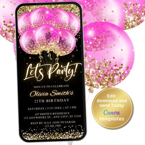 Digital Black Hot Pink Birthday Party Invitation, Gold Glitter, Pink Balloons, Phone Text Message Evite, Editable Template, Instant Download