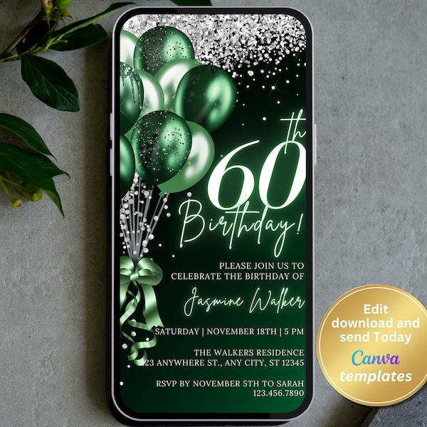 60th Birthday Party Invitation - Green Balloons & Silver Glitter - Editable for Any Age - Women's Birthday,  Instant Download