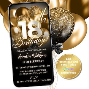 Digital 18th Birthday Party Invitation, Black Gold Invite, Invitation for Women, Birthday Invite, Editable Template, Instant Download