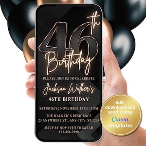 46. Geburtstag Einladung, schwarz Gold Zahl einladen, für Männer, digitale Einladung, bearbeitbare Vorlage, Sofort Download