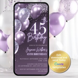 Pastel Purple 45th Birthday Invitation for Women – Editable for Any Age – Digital Invite – Instant Download – Text Message Invitation