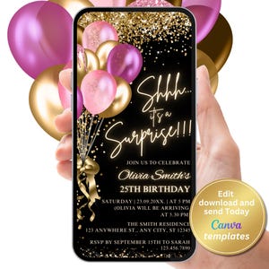 Digital Surprise Birthday Invitation, Shhh It&#39;s a Surprise Digital Invitation, Surprise Party Invite, Editable Template in Black Purple Gold