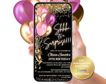 Bearbeitbare Überraschungs-Geburtstags-Einladung, Digital Black Purple Gold Party einladen, Sofort-Download