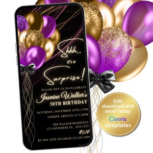 Digital Purple Gold Surprise Birthday Party Invitation, Phone Text Message, Digital Invite, Editable Template, Instant Download