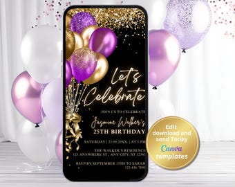 Digital Purple Gold Birthday Party Invitation, Phone Text Message Evite, Editable Template, Instant Download